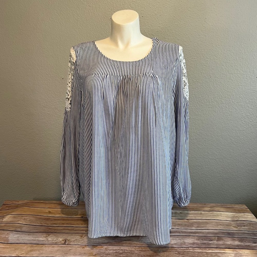 Lane Bryant Lace Sleeve Detail Blouse - Blue and White